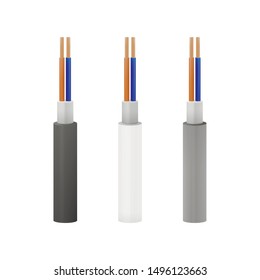 set of european standard two wires solid conductor power cable black gray and white pvc insulation isolated on white background