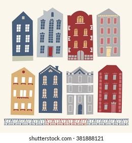 Set of European style colorful cartoon buildings. Childish style houses for your design.