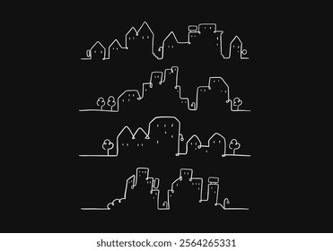 set european style town silhouette monoline doodle hand drawn