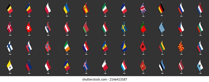 Set of European table flag on dark grey background. Collection of European desk flag on barely dark background.