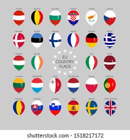 A set of European Union country flags illustrated as balloons. Vector illustration in a detailed flat cartoon style