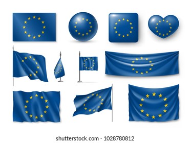 Set European Union flags, banners, banners, symbols, realistic icon. Vector illustration of collection of national symbols on various objects and state signs