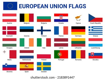 Conjunto de banderas de la Unión Europea con nombres de países. Signos y símbolos políticos y económicos. Banderas de países europeos.