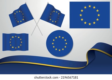 Juego De Banderas De La Unión Europea En Diferentes Diseños, Icono, Banderas De Bandera Y Cinta Con Fondo.