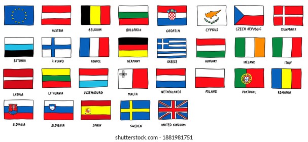  Set of European Union flags sketch style vector doodle illustration