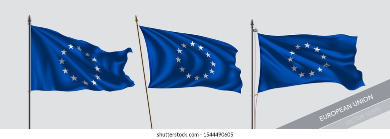 Set of European Union waving flag on isolated background vector illustration. 3 blue color and stars wavy realistic flag as a symbol of patriotism 