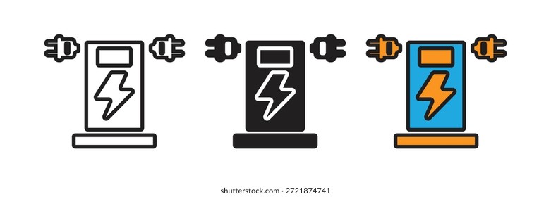 Conjunto de iconos de estación de carga EV con enchufes. Adecuado para el transporte ecológico, la infraestructura de automóviles eléctricos y proyectos de energía sostenible.