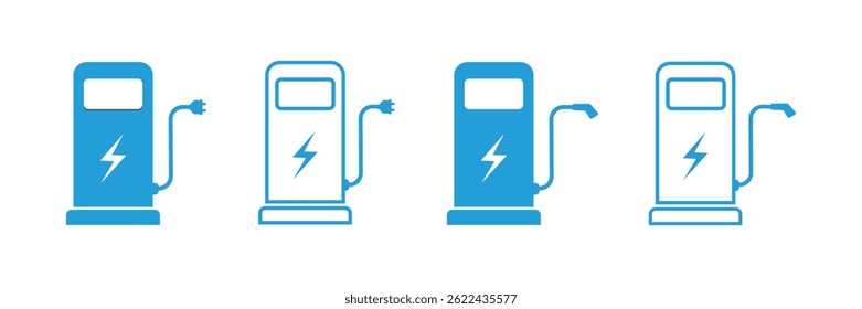 Set of ev station icon. Electric car charging station with plug. EV car, green hybrid vehicles charging point.