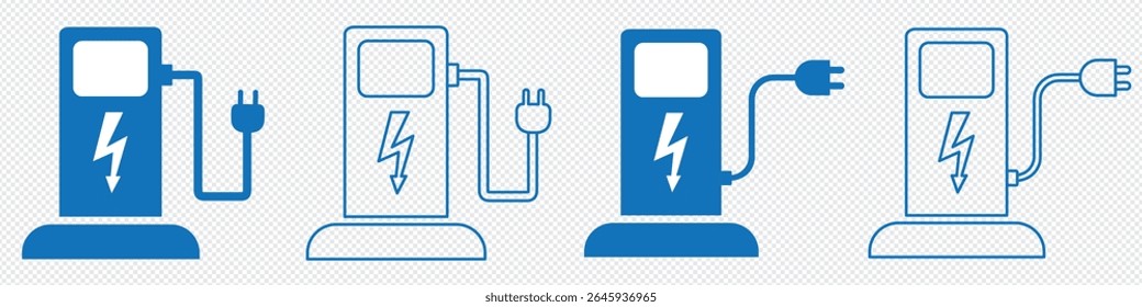 Set of ev station icon. Electric car charging station with plug. EV car, green hybrid vehicles charging point. vector illustration