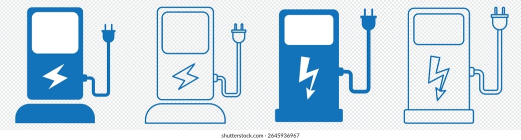 Conjunto de icono de estación de EV. Estación de carga de coche eléctrico con enchufe. Coche EV, punto de carga de vehículos híbridos verdes. Ilustración vectorial