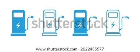 Set of ev station icon. Electric car charging station with plug. EV car, green hybrid vehicles charging point.