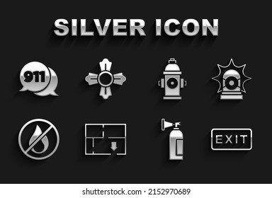 Set Evacuation Plan, Flasher Siren, Fire Exit, Extinguisher, No Fire, Hydrant, Telephone Call 911 And Firefighter Icon. Vector