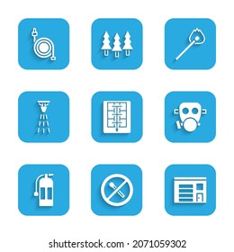 Set Evacuation plan, No fire match, Building of station, Gas mask, Fire extinguisher, sprinkler, Burning with and hose reel icon. Vector