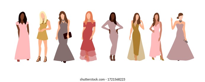 
A set of evening dresses in bed colors on the models. Image of beautiful girls models in cocktail dresses. Looks like moniken. Fashion clothing store.