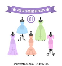 Set of Evening Dresses. Vintage dresses on mannequins. Vector