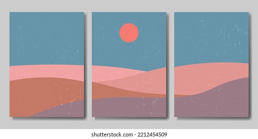 Set of evening landscape. Vector illustration. Hills with moon. Wall design.
