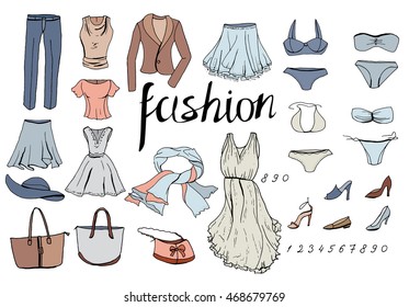 Set of evening woman clothes. Objects on white.