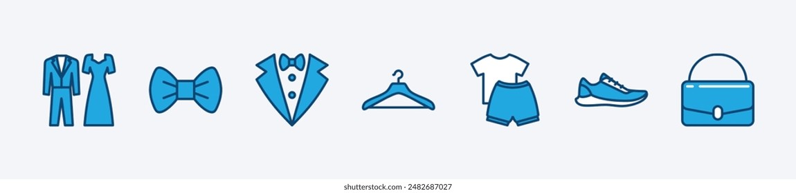 Set of event dress code icon. Containing clothes, tuxedo, shirt, suit, tie, shoe, hanger, and bag for fashion, wedding, ceremony, celebration, festival and other. Vector illustration