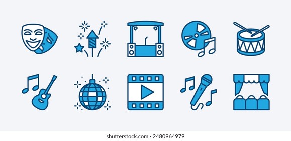 Set of event entertainment icon. Containing theatre mask, fireworks, stage, concert music, drum, acoustic guitar, disco ball, karaoke, singing, cinema movie video. Vector illustration