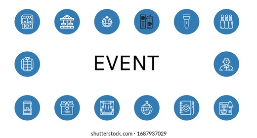 Set von Ereignistymbolen. Z. B. Ticketbüro, Karussell, Spiegelball, Ticket, Torch, Bowling, Hochzeitsgeschenk, Stufe, Disco-Ball, Hochzeitsplaner, Benachrichtigung, Winter , Veranstaltungssymbole