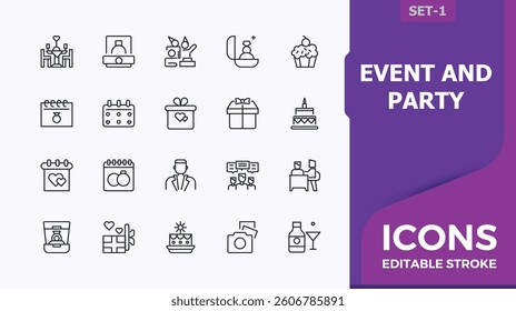 Set of Event line icon. Pack of celebration, holiday, festival, surprise, celebrate. Anniversary linear icon. Modern vector UI icons. Minimalist vector artwork and illustration.
