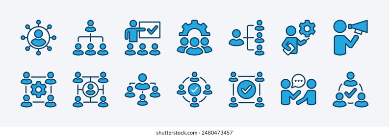 Satz von Ereignisverwaltungssymbol. Enthält Koordination, Hierarchie, Teamarbeit, Führung, Diskussion, Besprechung, Organisation, Zusammenarbeit, Marketing, Verbindung. Vektorillustration