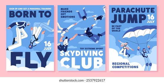 Set of event posters about parachuting flight. Advertising of skydiving club. People do extreme sports. Parachutists jumping, sky diving, flying in air, free falling. Flat vector illustrations