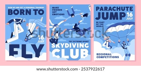 Set of event posters about parachuting flight. Advertising of skydiving club. People do extreme sports. Parachutists jumping, sky diving, flying in air, free falling. Flat vector illustrations
