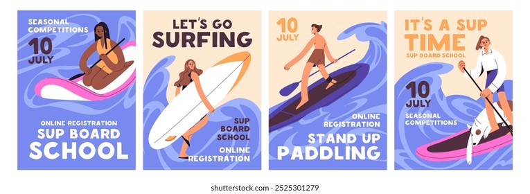 Conjunto de afiches de eventos sobre competiciones de sup boarding. Publicidad de clases de equitación en tabla de surf, tabla de surf. Las Personas practican deportes acuáticos, surf, flotando con remo sobre las olas. Ilustraciones vectoriales planas