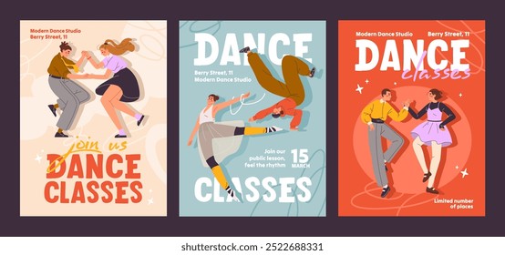 Set of event posters of dancing master class from artists. Design templates of dancers' performance promotion. Advertising of ballet, breakdancing, lindy music lessons. Flat vector illustrations