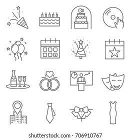 Set of event Related Vector Line Icons. Contains such Icons as celebration, event, business meeting, wedding, party and more.