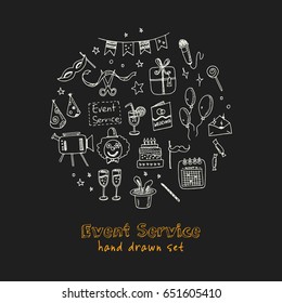 Set with event service doodles. Vector isolated Illustration on white background