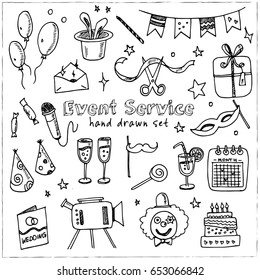 Set with event service doodles. Vector isolated Illustration on white background