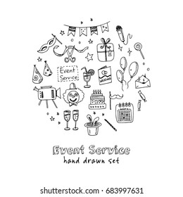 Set with event service doodles. Vector isolated Illustration on white background