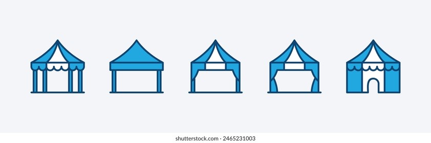 Satz von Ereigniszeltsymbolen. Enthält Zelt von Festival, Zirkus, Party, Verkauf und Karneval. Markise, Festzelt und Pavillon Vektorillustration