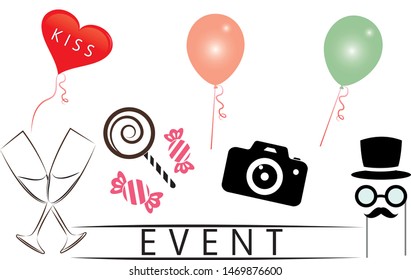 Set of event things isolated on white background. Wedding events, candys, icons, balloons