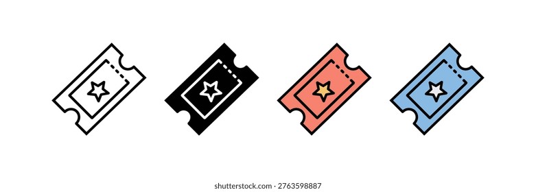 Set of event ticket icons with a star symbol for cinema concert and theater entry. Vector Illustration.