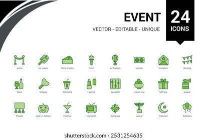 Set of event web icons in colorful line style. Event organization icons for web and mobile app. Line and solid color icon collection. Outline filled symbol pack, Icon names are written in English.