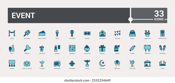Set of event web icons in colorful line style. Event organization icons for web and mobile app. Line and solid color icon collection. Outline filled symbol pack, Icon names are written in English.
