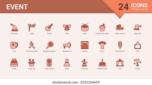 Set of event web icons in colorful line style. Event organization icons for web and mobile app. Line and solid color icon collection. Outline filled symbol pack, Icon names are written in English.