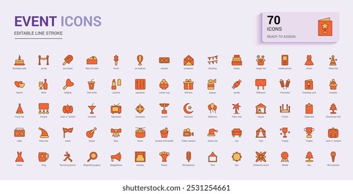 Set of event web icons in colorful line style. Event organization icons for web and mobile app. Line and solid color icon collection. Outline filled symbol pack, Icon names are written in English.