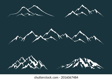 Set of everest and alpine mountain silhouettes. Vector isolated illustration with rocky and snowy peaks.