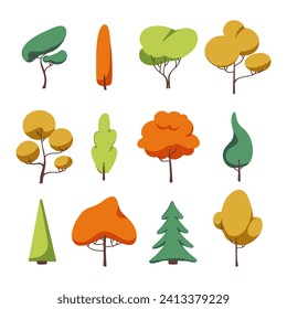  Set of evergreen forest plants. A collection of trees.