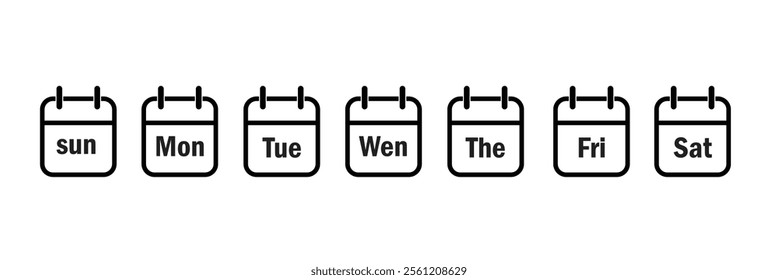  Set of Every Day of a Week Calendar Icons. Vector set square icon pages calendar, days of the week. Vector illustration.