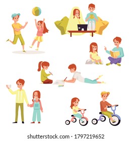 A set of everyday activities and hobbies of brother and sister characters. A happy family has fun together. Flat vector illustration isolated on a white background