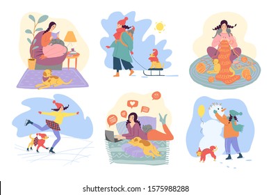 Set of everyday leisure and winter activities performing by young woman. Adorable girl reading, walking, kniting, skating, chating, spending time with dog and cat. Flat hand drawn cartoon illustration