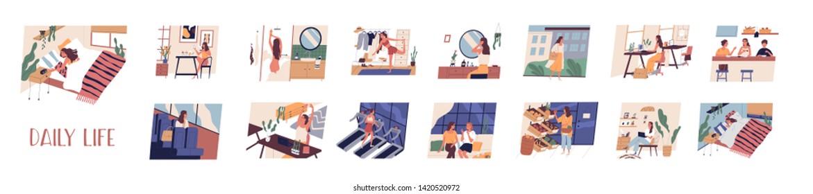 Set of everyday leisure and work activities performing by young woman. Bundle of daily life scenes. Girl sleeping, eating, working, doing sports, grocery shopping. Flat cartoon vector illustration.