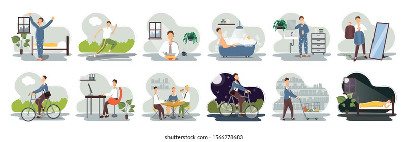 Set of everyday leisure and work activities performing by young African American man. Bundle of daily life scenes. Girl sleeping, eating, working, doing sports, grocery shopping. Flat cartoon vector i
