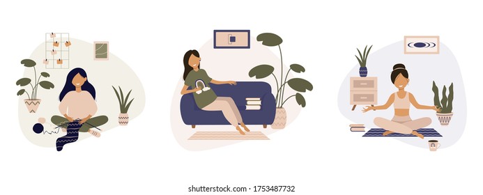 Conjunto de la rutina diaria de las ama de casa modernas. Conjunto de escenas de la vida cotidiana. Tejiendo chicas, haciendo ejercicios y yoga, relajándose. Trabajo, ocio y pasatiempo en el aislamiento. Ilustración vectorial de dibujos animados planos.