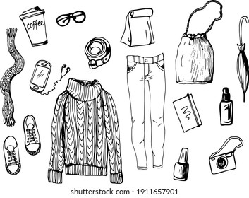 A set of everyday women's things. Templates: jeans, sweater, sneakers, belt, camera, umbrella, bag, phone, glasses, perfume, notepad, camera, nail polish.Hand-drawn black and white vector illustration